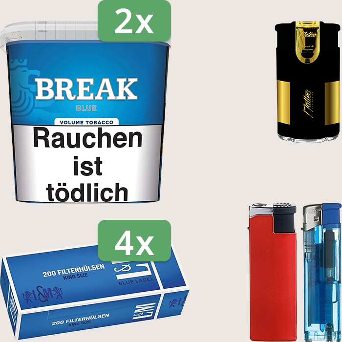 Break Blue 2 x 195 g Sparpaket mit 800 L&M Blue Label Hülsen und Feuerzeugset