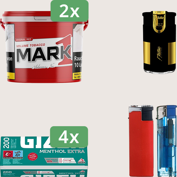 Mark 1 - 2 x 190 g Sparpaket mit 800 Gizeh Menthol Extra Hülsen und Feuerzeugset