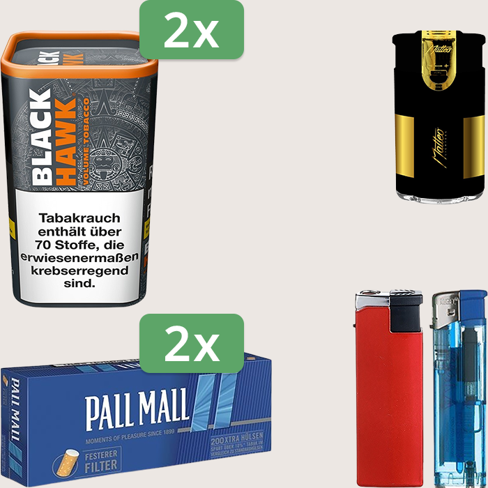 Black Hawk 2 x 90 g Sparpaket mit 400 Pall Mall Blue Xtra Hülsen und Feuerzeugset