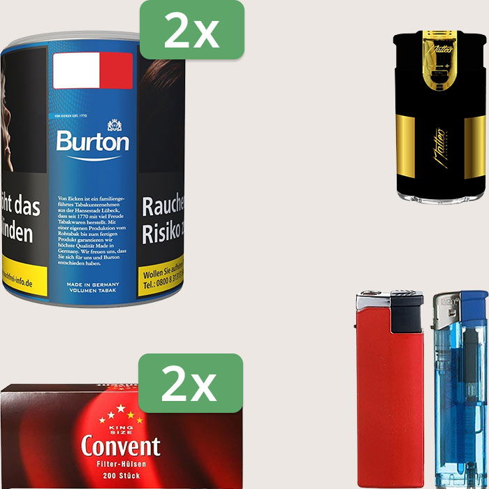 Burton Blue 2 x 65 g Sparpaket mit 400 Convent Hülsen und Feuerzeugset