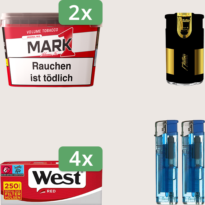 Mark 1 Original Red 2 x 255 g Sparpaket mit 1.000 West Red Special Hülsen und Feuerzeugset