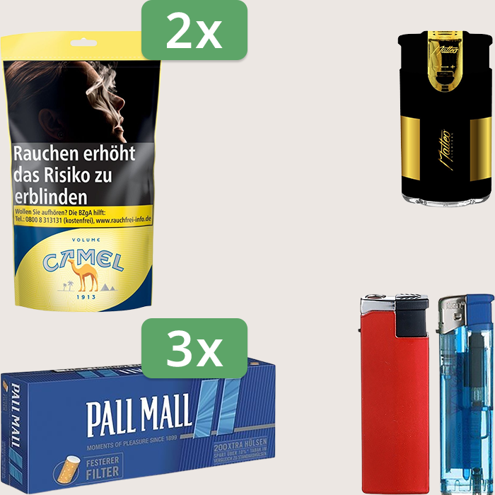 Camel Yellow 2 x 102 g Sparpaket mit 600 Pall Mall Blue Xtra Hülsen und Feuerzeugset