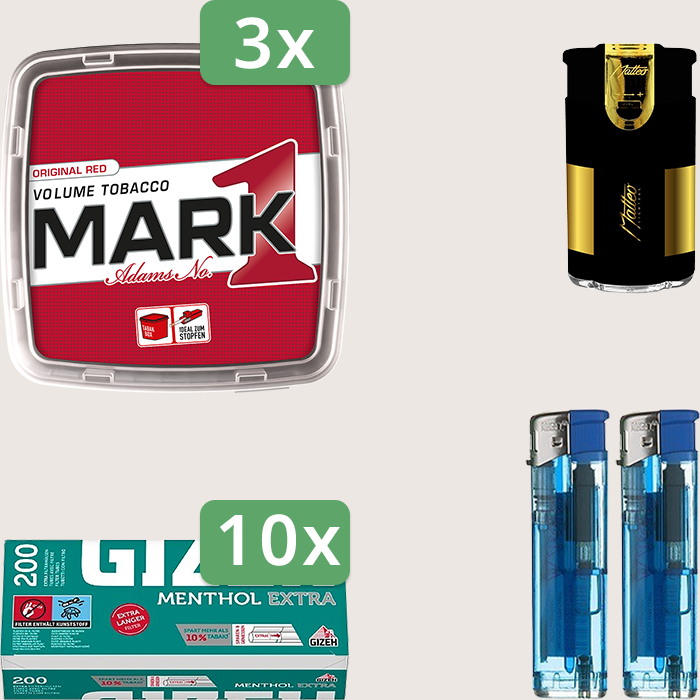 Mark 1 Original Red 3 x 400 g Sparpaket mit 2.000 Gizeh Menthol Extra Hülsen und Feuerzeugset Mark 1 Original Red 3 x 400 g Sparpaket mit 2.000 Gizeh Menthol Extra Hülsen und Feuerzeugset
