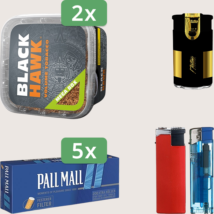 Black Hawk 2 x 230 g Sparpaket mit 1.000 Pall Mall Blue Xtra Hülsen und Feuerzeugset
