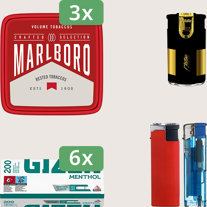 Marlboro Crafted 3 x 230 g Sparpaket mit 1.200 Gizeh Menthol Hülsen und Feuerzeugset