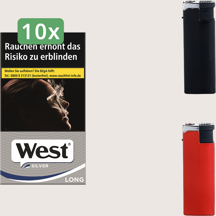 West Silver Long 10 x 8,70 € Sparpaket mit 200 Zigaretten und Feuerzeugset