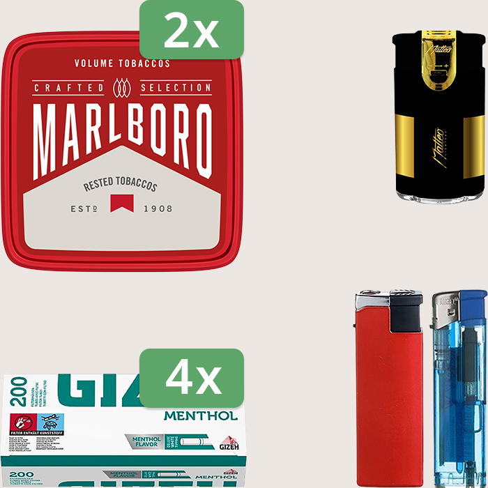 Marlboro Crafted 2 x 230 g Sparpaket mit 800 Gizeh Menthol Hülsen und Feuerzeugset