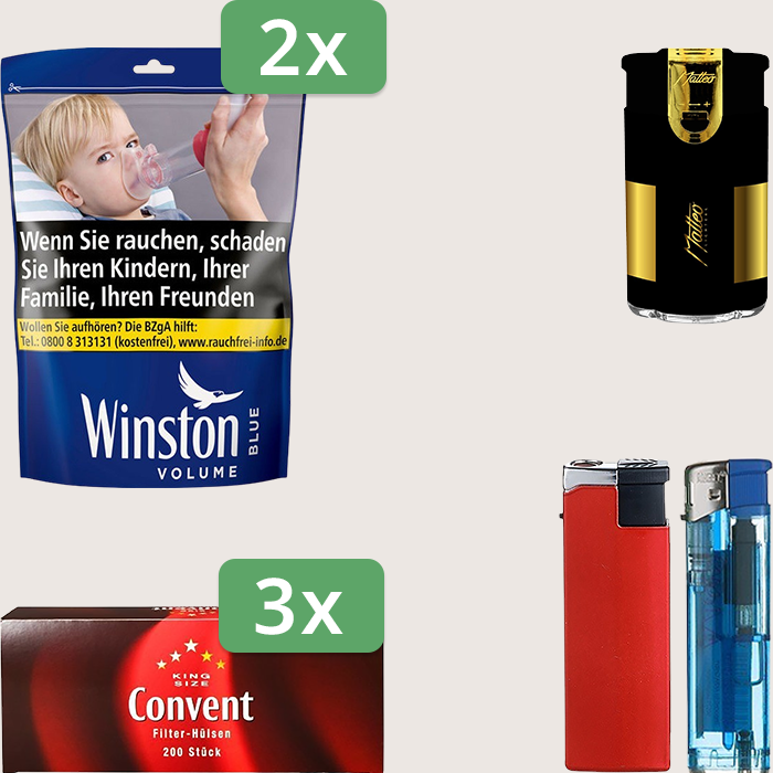 Winston Blue 2 x 105 g Sparpaket mit 600 Convent Hülsen und Feuerzeugset