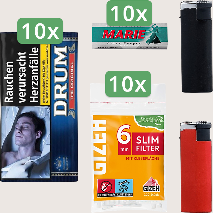 Drum Original 10 x 50 g Sparpaket mit 1.000 Marie Blättchen und 1.200 Gizeh Slim Filter 6 mm