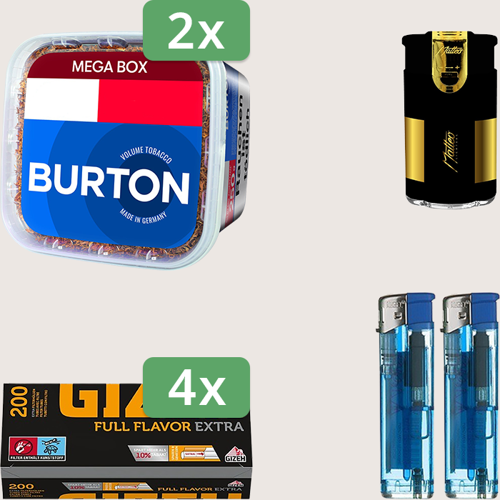 Burton Blue 2 x 250 g Sparpaket mit 800 Gizeh Full Flavor Extra Hülsen und Feuerzeugset Burton Blue 2 x 250 g Sparpaket mit 800 Gizeh Full Flavor Extra Hülsen und Feuerzeugset
