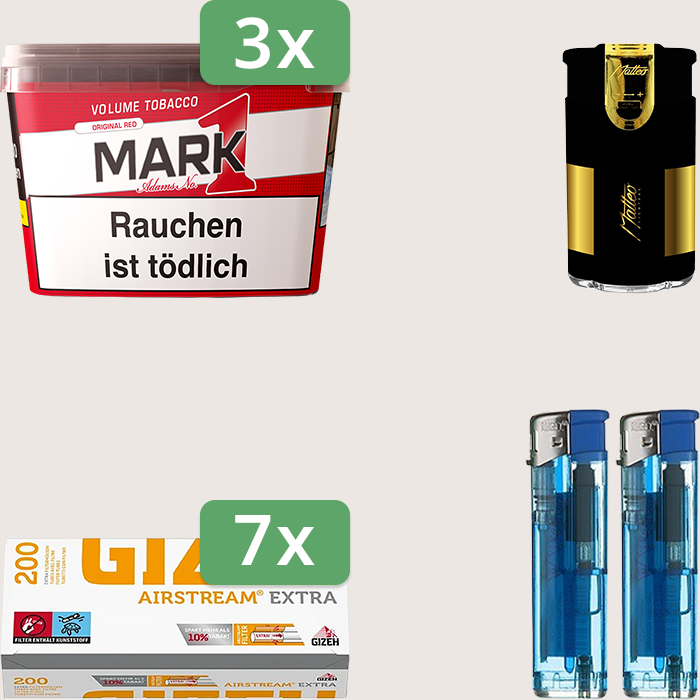 Mark 1 Original Red 3 x 255 g Sparpaket mit 1.400 Gizeh Airstream Extra Hülsen und Feuerzeugset