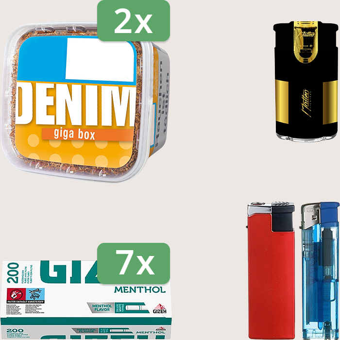 Denim Classic 2 x 330 g Sparpaket mit 1.400 Gizeh Menthol Hülsen und Feuerzeugset Denim Classic 2 x 330 g Sparpaket mit 1.400 Gizeh Menthol Hülsen und Feuerzeugset