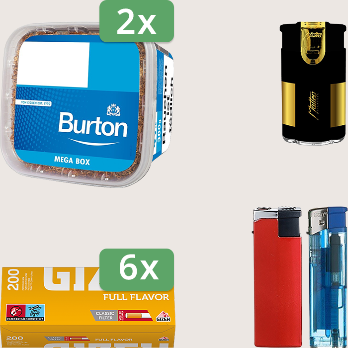 Burton Blue 2 x 270 g Sparpaket mit 1.200 Gizeh Full Flavor Hülsen und Feuerzeugset