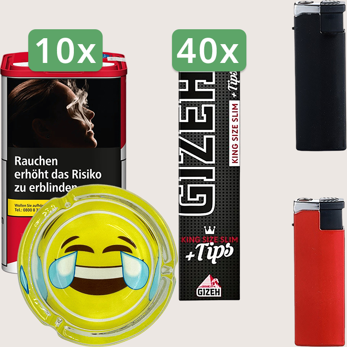 Marlboro Premium Red 10 x 105 g Sparpaket mit 1.360 Gizeh Black King Size Slim + Tips Blättchen und Aschenbecher