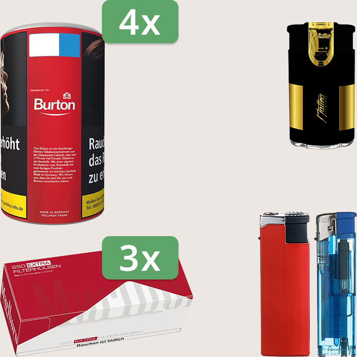 Burton Full Red 4 x 90 g Sparpaket mit 750 Marlboro Red Extra Hülsen und Feuerzeugset