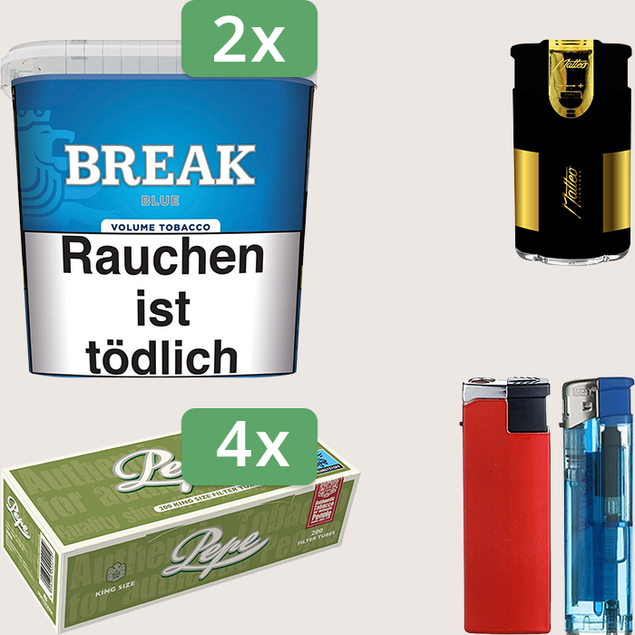 Break Blue 2 x 195 g Sparpaket mit 800 Pepe Hülsen und Feuerzeugset