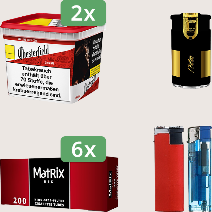 Chesterfield Original Red 2 x 245 g Sparpaket mit 1.200 Matrix Red Hülsen und Feuerzeugset