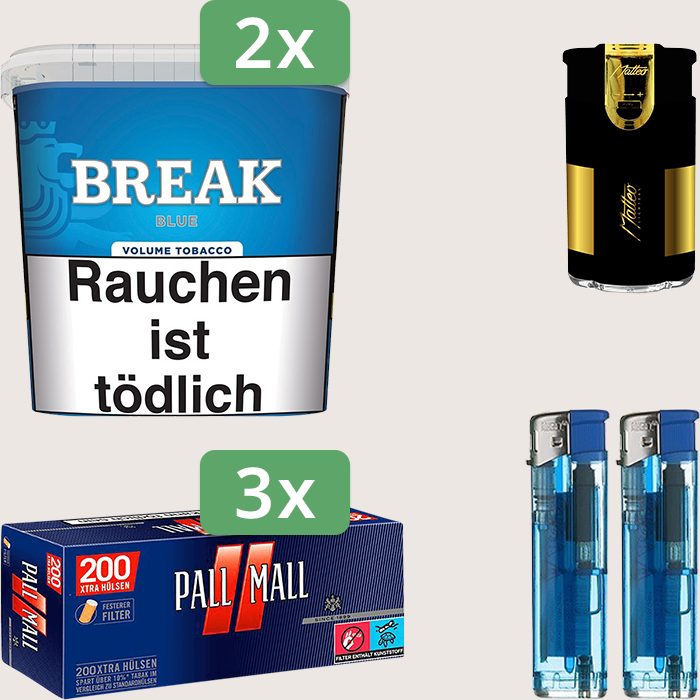 Break Blue 2 x 185 g Sparpaket mit 600 Pall Mall Red Xtra Hülsen und Feuerzeugset