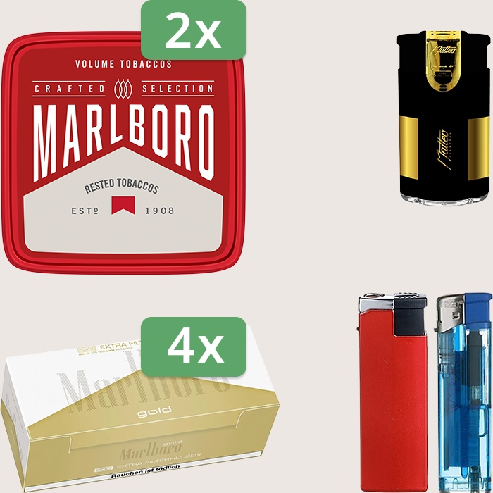 Marlboro Crafted 2 x 230 g Sparpaket mit 1.000 Marlboro Gold Extra Hülsen und Feuerzeugset Marlboro Crafted 2 x 230 g Sparpaket mit 1.000 Marlboro Gold Extra Hülsen und Feuerzeugset