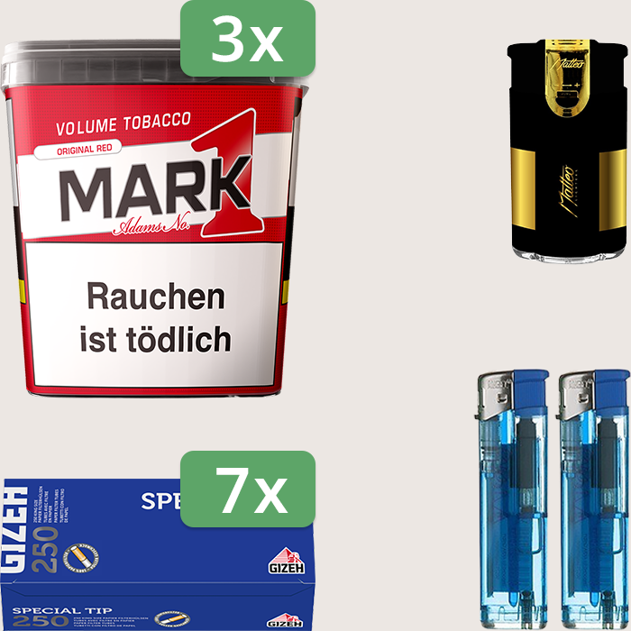 Mark 1 Original Red 3 x 320 g Sparpaket mit 1.750 Gizeh Special Tip Hülsen und Feuerzeugset