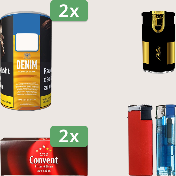 Denim Classic 2 x 90 g Sparpaket mit 400 Convent Hülsen und Feuerzeugset