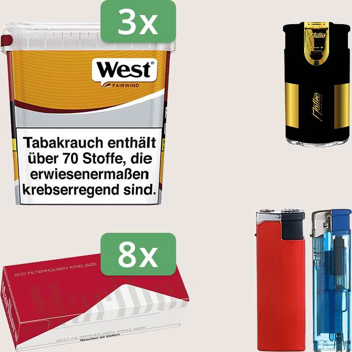 West Yellow 3 x 235 g Sparpaket mit 1.600 Marlboro Red Hülsen und Feuerzeugset