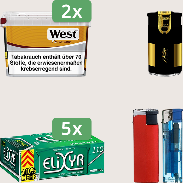 West Yellow 2 x 115 g Sparpaket mit 550 Elixyr Energy+ Menthol Hülsen und Feuerzeugset