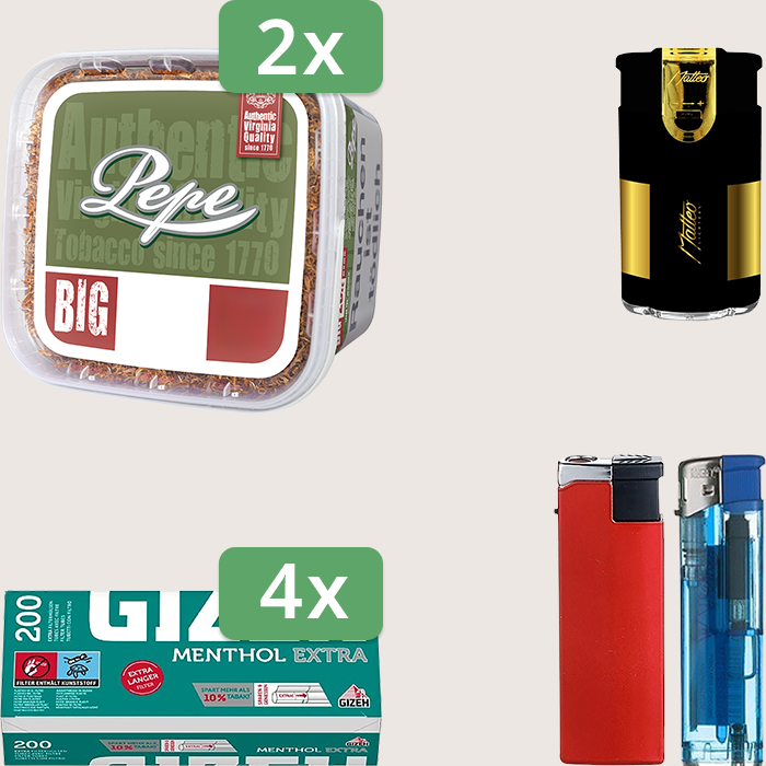 Pepe Rich Green 2 x 170 g Sparpaket mit 800 Gizeh Menthol Extra Hülsen und Feuerzeugset