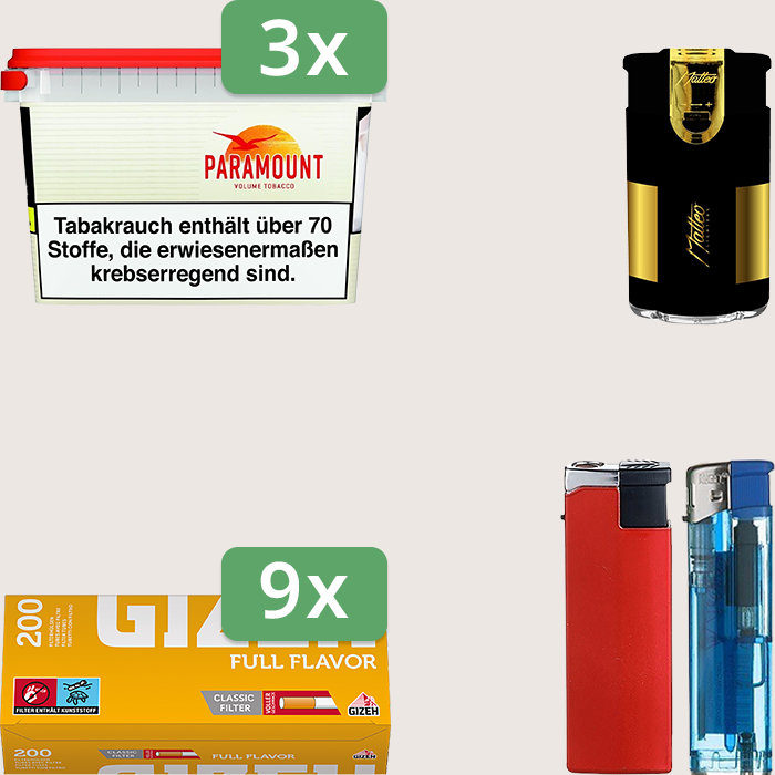Paramount 3 x 230 g Sparpaket mit 1.800 Gizeh Full Flavor Hülsen und Feuerzeugset