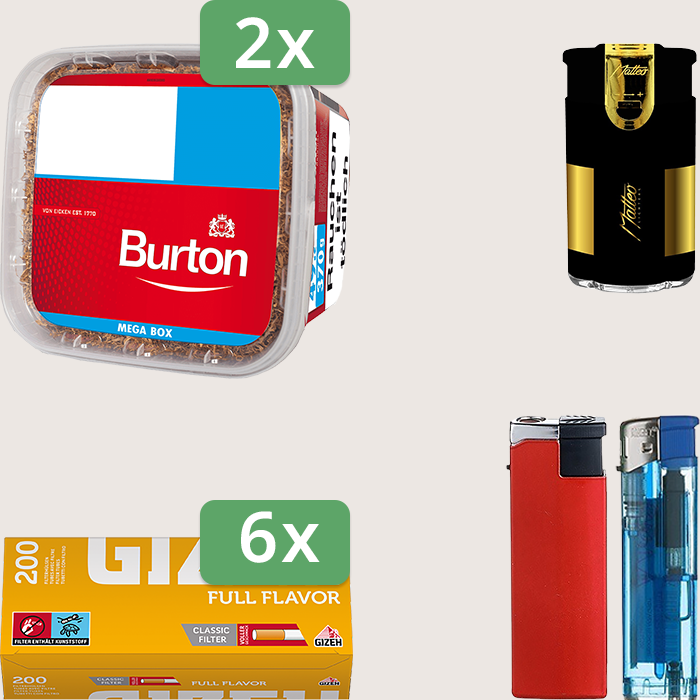 Burton Full Red 2 x 270 g Sparpaket mit 1.200 Gizeh Full Flavor Hülsen und Feuerzeugset