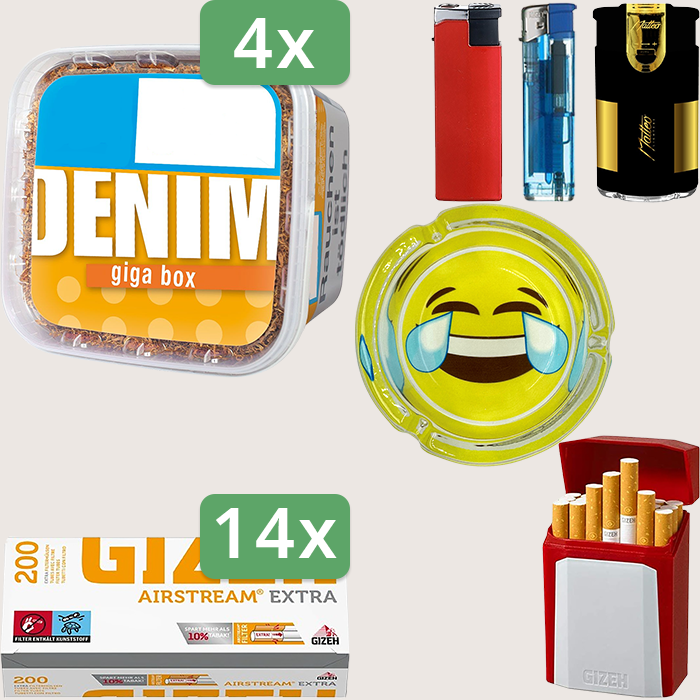 Denim Classic 4 x 315 g Sparpaket mit 2.800 Gizeh Airstream Extra Hülsen, Aschenbecher und Gizeh Flip Case