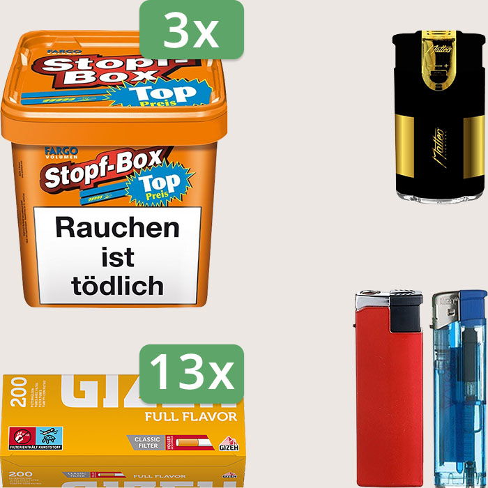 Fargo Stopfbox 3 x 420 g Sparpaket mit 2.600 Gizeh Full Flavor Hülsen und Feuerzeugset
