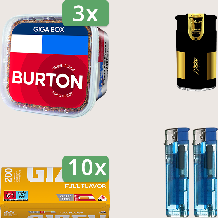 Burton Full Red 3 x 400 g Sparpaket mit 2.000 Gizeh Full Flavor Hülsen und Feuerzeugset