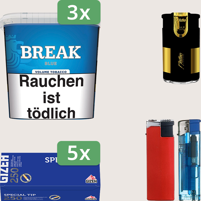 Break Blue 3 x 185 g Sparpaket mit 1.250 Gizeh Special Tip Hülsen und Feuerzeugset