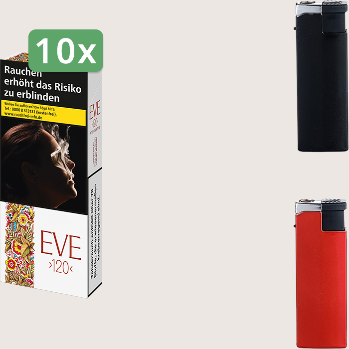 Eve 120 - 10 x 9,70 € Sparpaket mit 200 Zigaretten und Feuerzeugset Eve 120 - 10 x 9,70 € Sparpaket mit 200 Zigaretten und Feuerzeugset