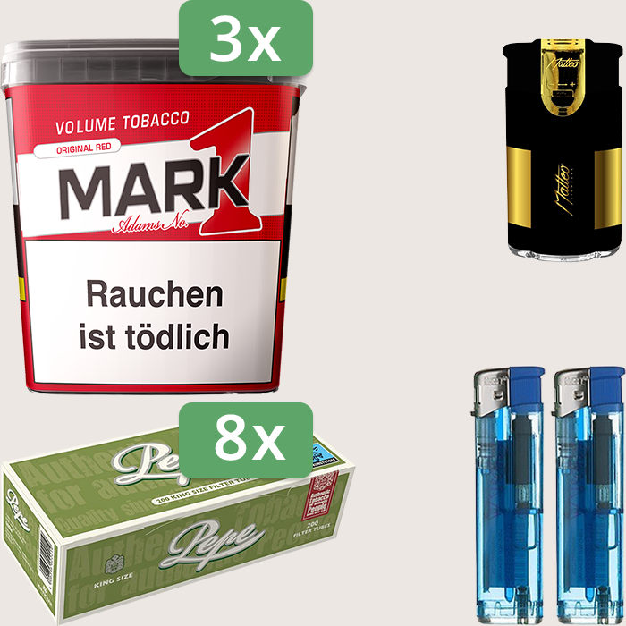 Mark 1 Original Red 3 x 320 g Sparpaket mit 1.600 Pepe Hülsen und Feuerzeugset
