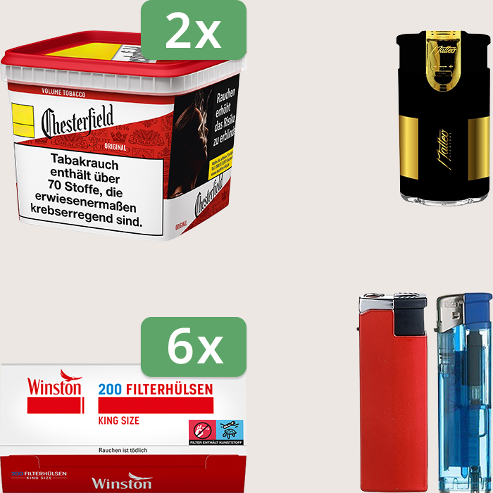 Chesterfield Original Red 2 x 245 g Sparpaket mit 1.200 Winston Hülsen und Feuerzeugset