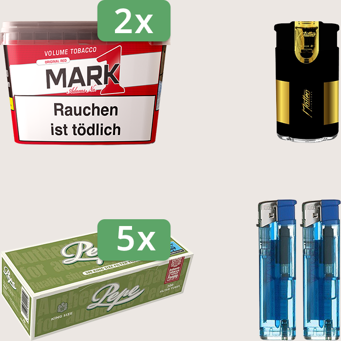 Mark 1 Original Red 2 x 255 g Sparpaket mit 1.000 Pepe Hülsen und Feuerzeugset