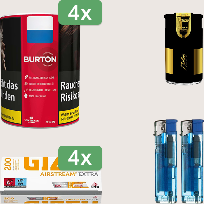Burton Full Red 4 x 120 g Sparpaket mit 800 Gizeh Airstream Extra Hülsen und Feuerzeugset