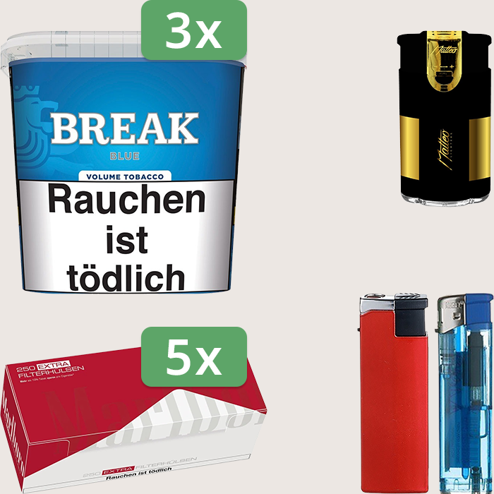 Break Blue 3 x 185 g Sparpaket mit 1.250 Marlboro Red Extra Hülsen und Feuerzeugset