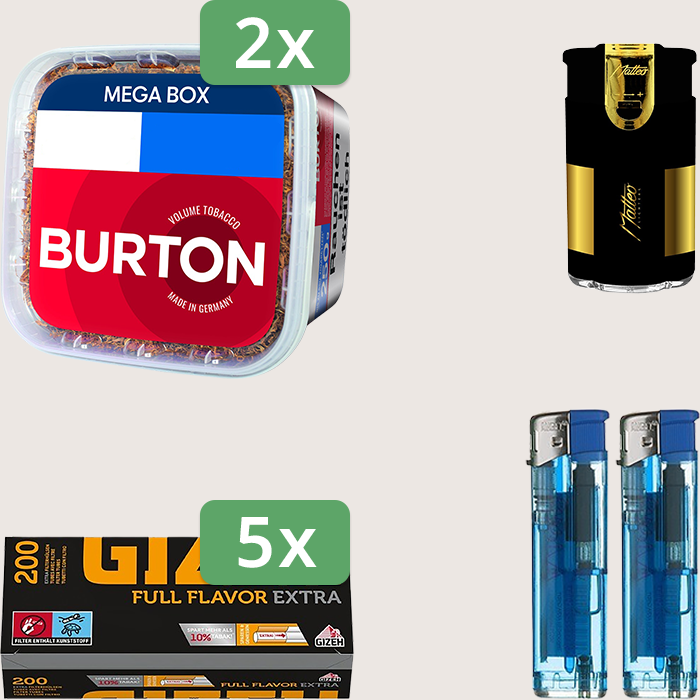 Burton Full Red 2 x 270 g Sparpaket mit 1.000 Gizeh Full Flavor Extra Hülsen und Feuerzeugset