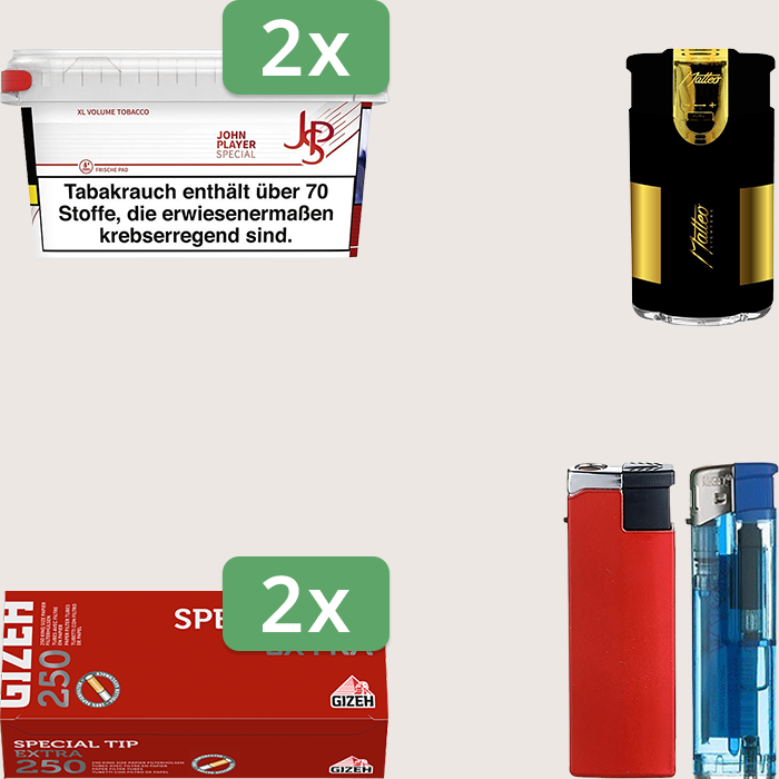 JPS Red 2 x 105 g Sparpaket mit 500 Gizeh Special Tip Extra Hülsen und Feuerzeugset