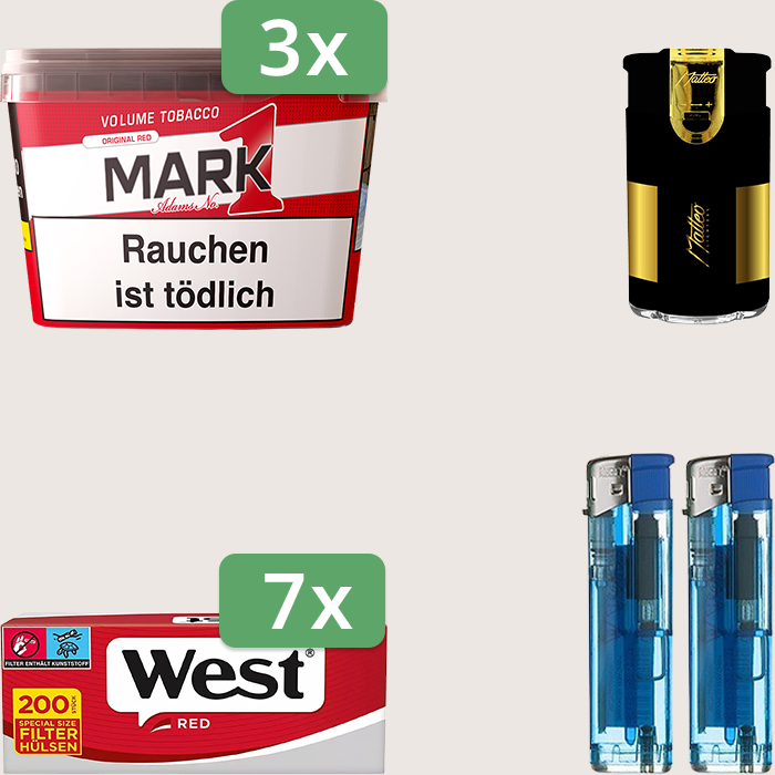 Mark 1 Original Red 3 x 255 g Sparpaket mit 1.400 West Red Hülsen und Feuerzeugset