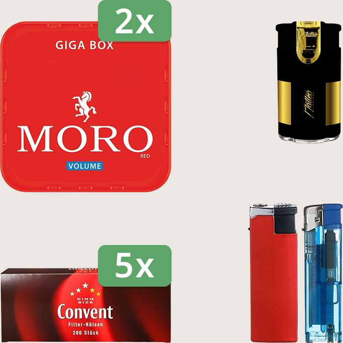 Moro Red 2 x 245 g Sparpaket mit 1.000 Convent Hülsen und Feuerzeugset Moro Red 2 x 245 g Sparpaket mit 1.000 Convent Hülsen und Feuerzeugset