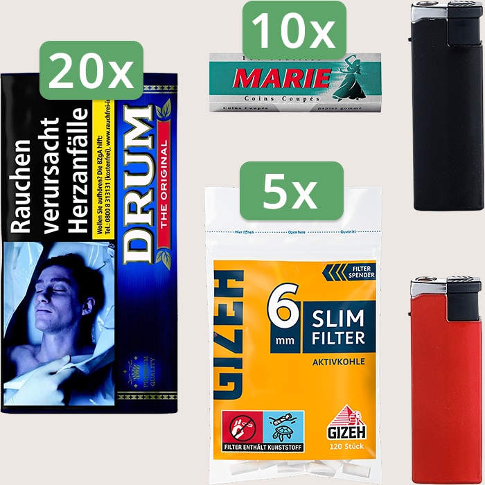 Drum Original 20 x 30 g Sparpaket mit 1.000 Marie Blättchen und 600 Gizeh Slim Filter Aktivkohle 6 mm