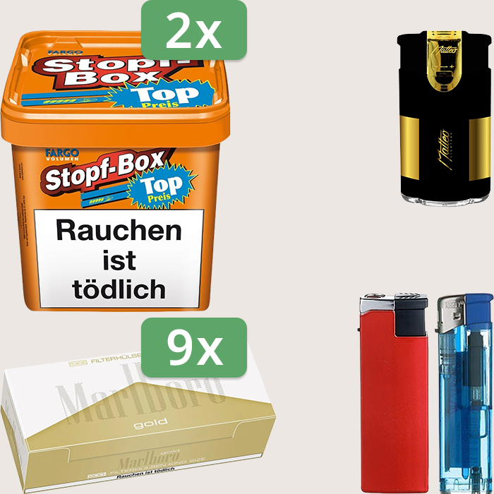Fargo Stopfbox 2 x 420 g Sparpaket mit 1.800 Marlboro Gold Hülsen und Feuerzeugset
