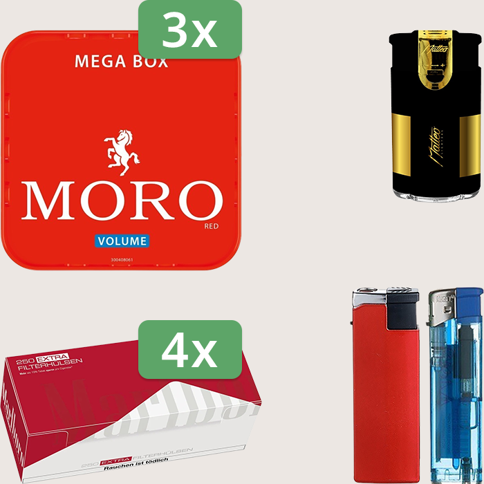 Moro Red 3 x 155 g Sparpaket mit 1.000 Marlboro Red Extra Hülsen und Feuerzeugset