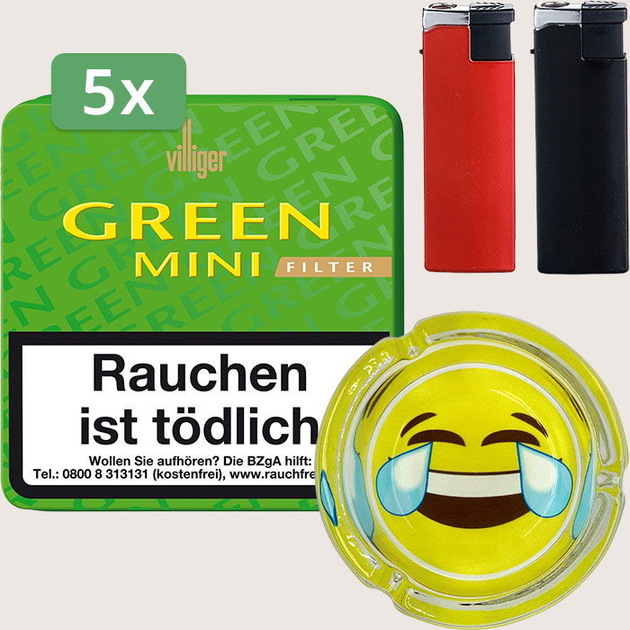 Villiger Green Mini Filter 5 x 5,71 € Sparpaket mit 100 Zigarillos, Aschenbecher und Feuerzeugset