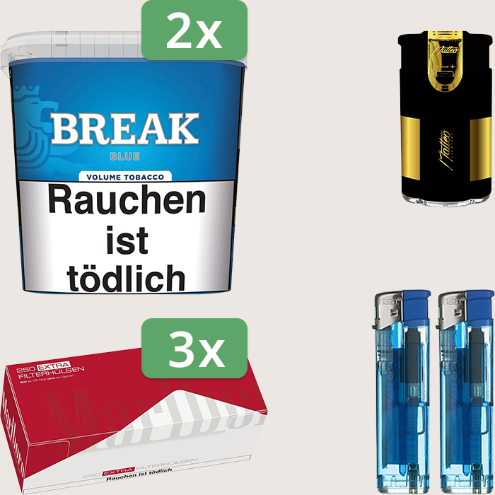 Break Blue 2 x 185 g Sparpaket mit 750 Marlboro Red Extra Hülsen und Feuerzeugset