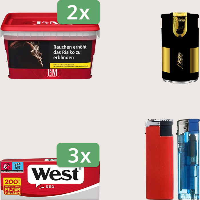 L&M Red 2 x 129 g Sparpaket mit 600 West Red Hülsen und Feuerzeugset L&M Red 2 x 129 g Sparpaket mit 600 West Red Hülsen und Feuerzeugset